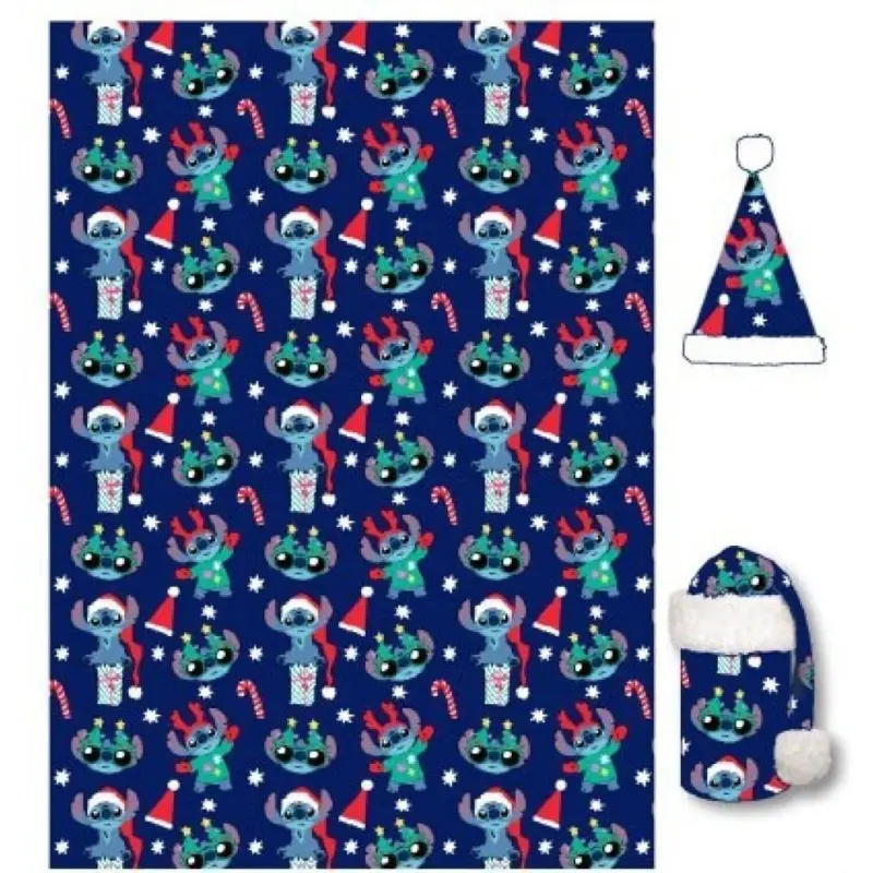 Stitch fleece plaid met kerstmuts 100 x 140 cm - polyester